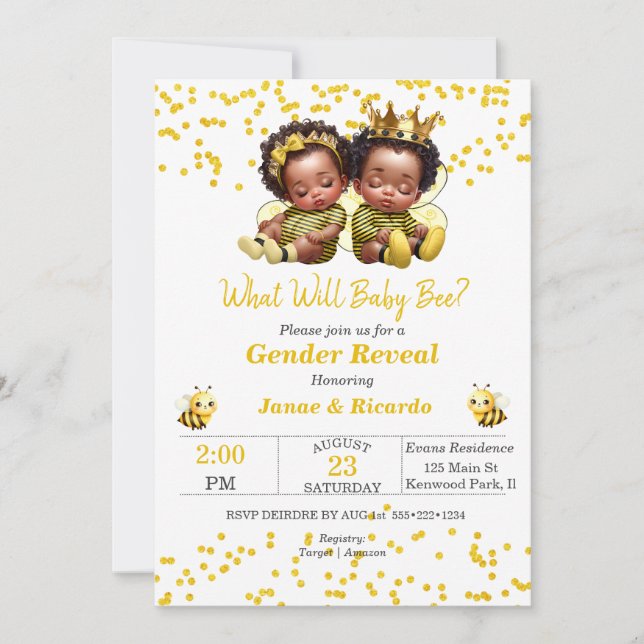 Bee Gender Reveal African American Baby Boy Girl Invitation (Front)