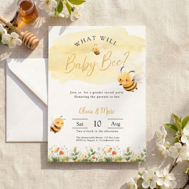 Bee Gender Reveal • What Will Baby Bee Invitation (What will baby bee? Gender reveal invitation)