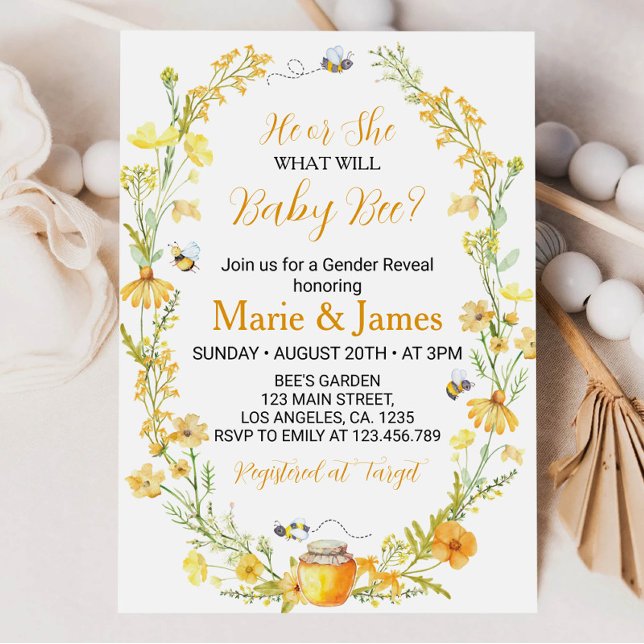Bee Gender Reveal Wildflower Baby Bee Invitation (Creator Uploaded)