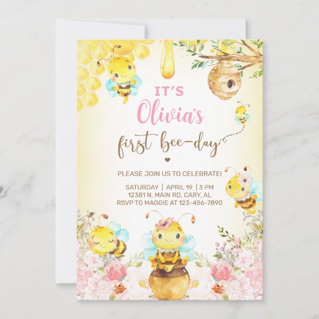 Bee girl 1st birthday invite, bumblebee, honeybee. invitation (Front)