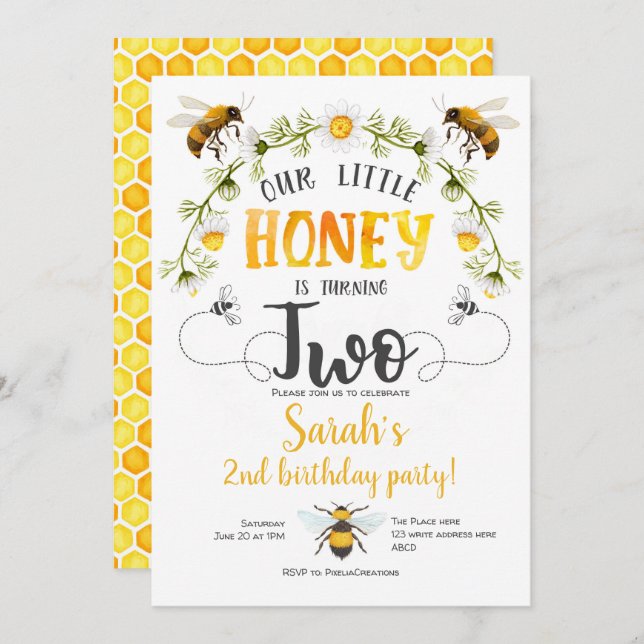 Bee, girl, 2nd birthday, Little Honey, BUmble bee Invitation (Front/Back)