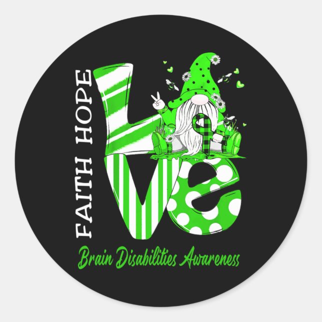 Bee Gnome Love Brain Disabilities Awareness  Classic Round Sticker (Front)