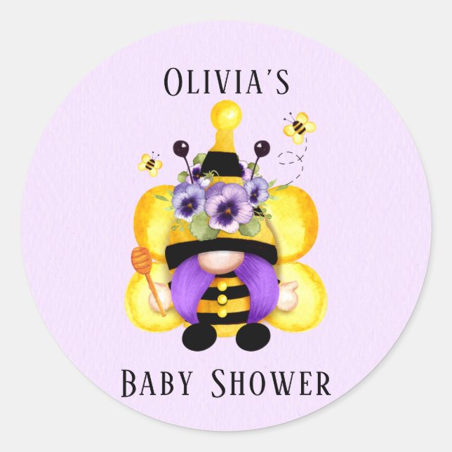 Bee Gnome Purple Yellow Baby Shower Classic Round Sticker (Front)