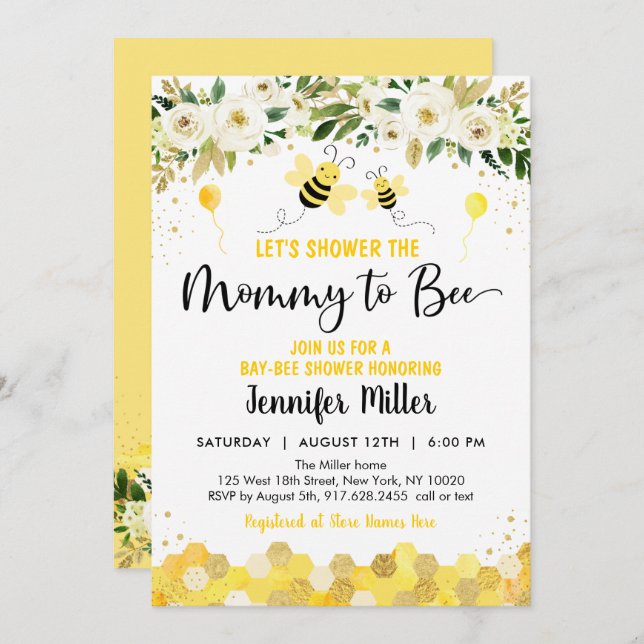Bee Greenery Gold Gender Neutral Baby Shower Invitation (Front/Back)