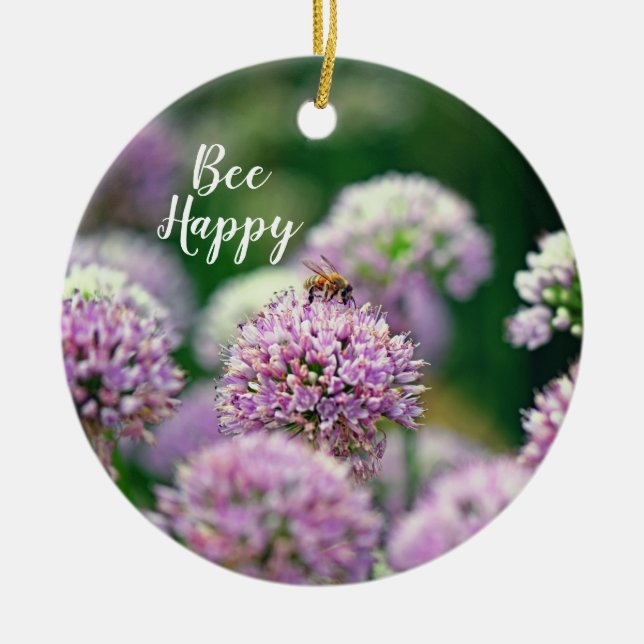 Bee Happy Anniversary w/ Purple Allium Flower Ceramic Tree Decoration (Front)