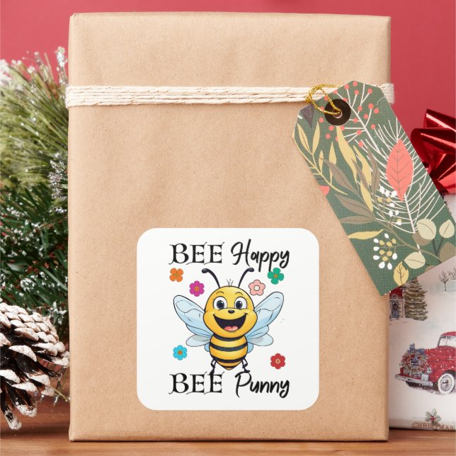 Bee Happy Bee Punny Square Sticker (Holiday)