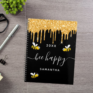 Bee happy black bumble bees glitter monogram 2027 planner