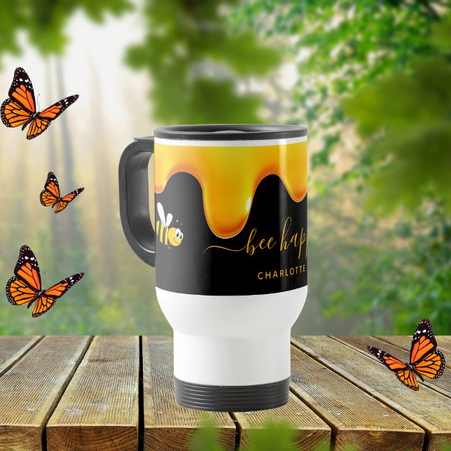 Bee Happy black cute bumble bees dripping honey Travel Mug (Creator Uploaded)
