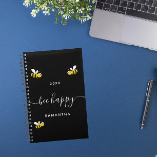 Bee happy black cute bumble bees monogram 2025 planner
