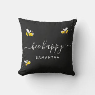 Bee happy black white monogram cushion