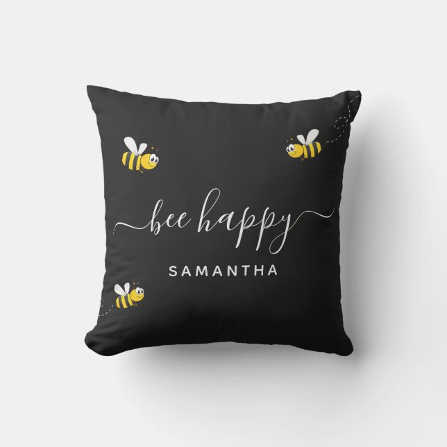 Bee happy black white monogram cushion (Front)
