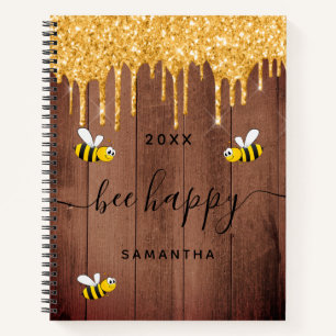 Bee happy brown wood gold glitter drips name notebook