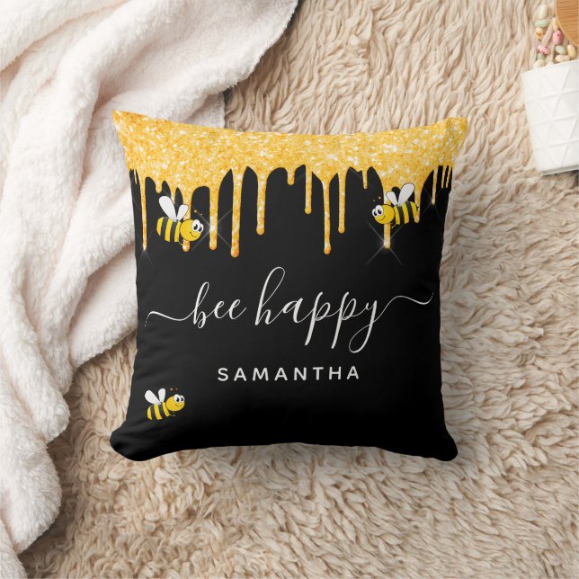 Bee happy bumble bees glitter black gold monogram cushion (Blanket)