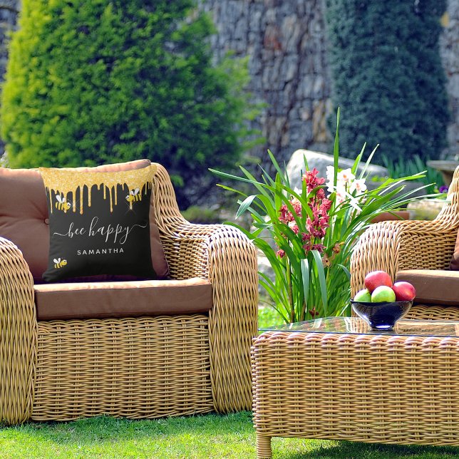 Bee happy bumble bees glitter black gold monogram cushion (Creator Uploaded)