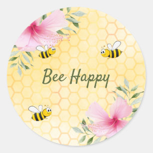 Bee Happy bumble bees honeycomb summer florals Classic Round Sticker