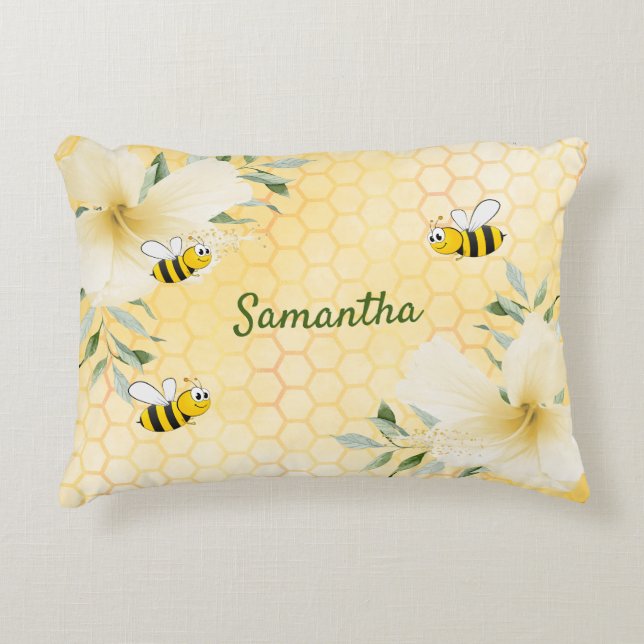 Bee Happy bumble bees yellow honeycomb name Decorative Cushion (Front)