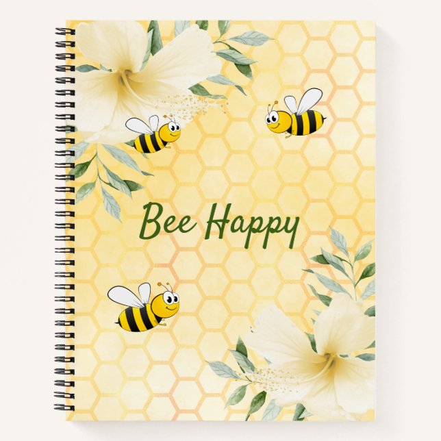 Bee Happy bumble bees yellow honeycomb summer Notebook (Front)