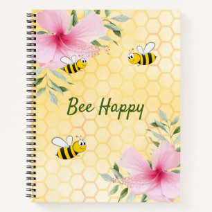 Bee Happy bumbleyellow honeycomb pink flowers Notebook