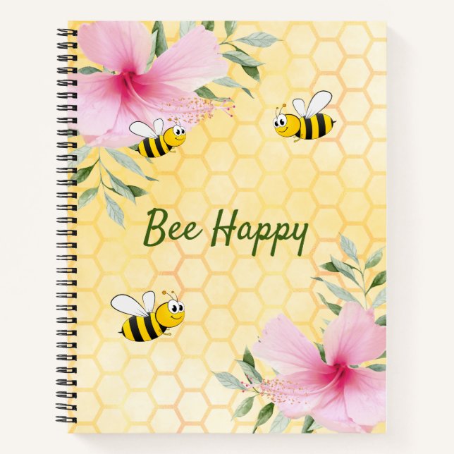 Bee Happy bumbleyellow honeycomb pink flowers Notebook (Front)