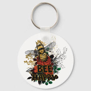 Bee Happy Colourful Bee and Flowers Key Ring