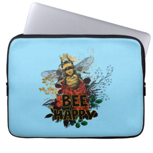 Bee Happy Colourful Bee and Flowers Laptop Sleeve