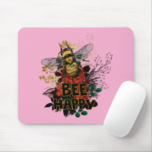 Bee Happy Colourful Bee and Flowers Mouse Pad