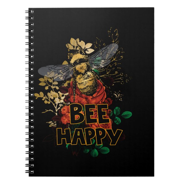 Bee Happy Colourful Bee and Flowers Notebook (Front)