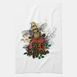 Bee Happy Colourful Bee and Flowers Tea Towel