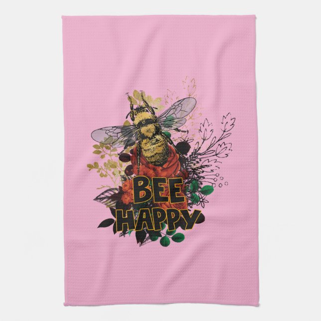 Bee Happy Colourful Bee and Flowers Tea Towel (Vertical)