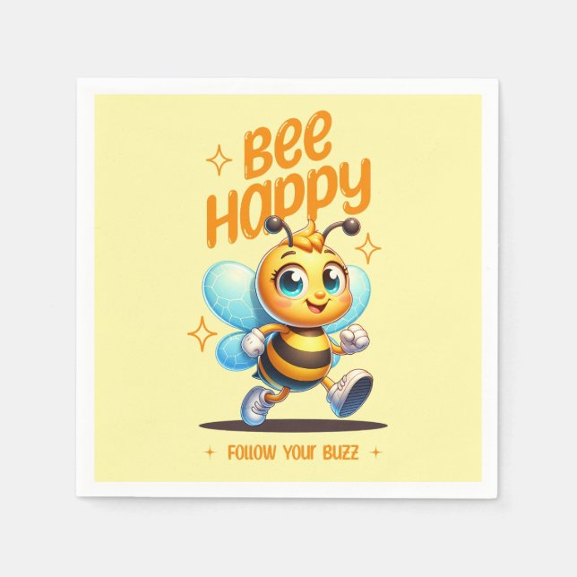 Bee Happy Cute Bee Party Paper Napkins (Front)