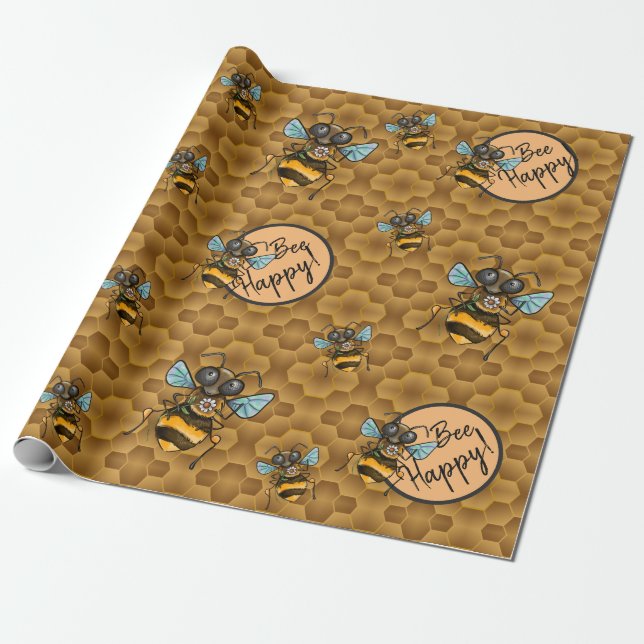 Bee Happy!  Cute Honey Bee Wrapping Paper (Unrolled)