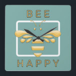 Bee Happy Cute Honeybee Apiarist Honey Shop Clock<br><div class="desc">This sweet little 3D stylised honeybee will remind you and your staff and customers to “Bee Happy” - or substitute the text for your apiary name. Background colour may be edited to any colour you’d like,  in the layers panel.</div>
