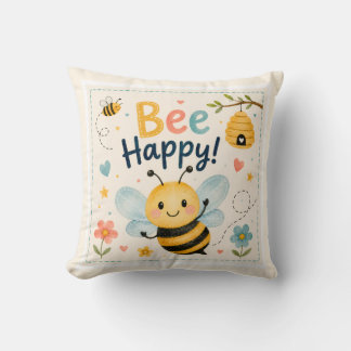 Bee Happy Cute Kids Throw Pillow