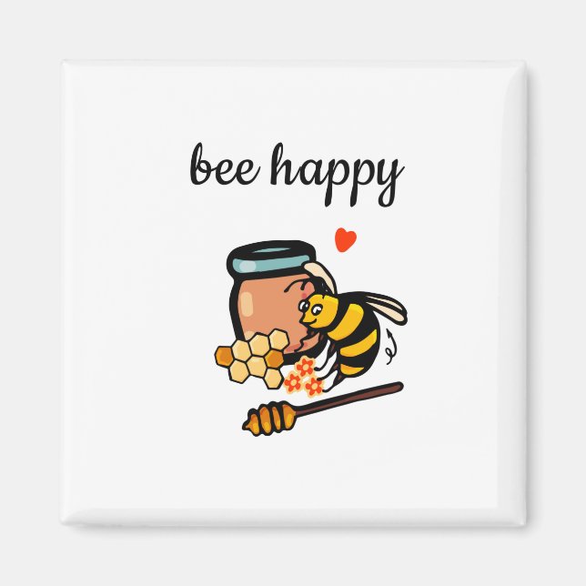 Bee happy cute yellow and blue word art magnet (Front)