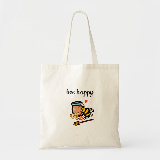 Bee happy cute yellow and blue word art tote bag (Front)