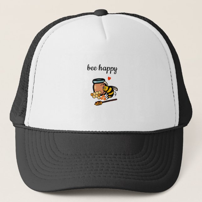Bee happy cute yellow and blue word art trucker hat (Front)