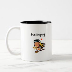 Bee happy cute yellow and blue word art Two-Tone coffee mug