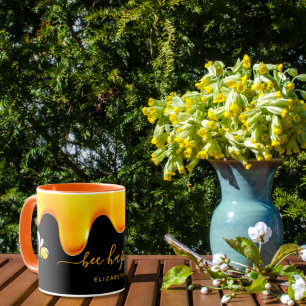Bee Happy cute yellow bees dripping honey black Mug
