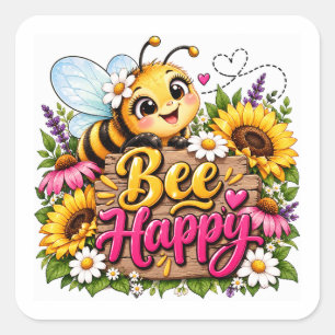Bee Happy Floral Garden Square Sticker