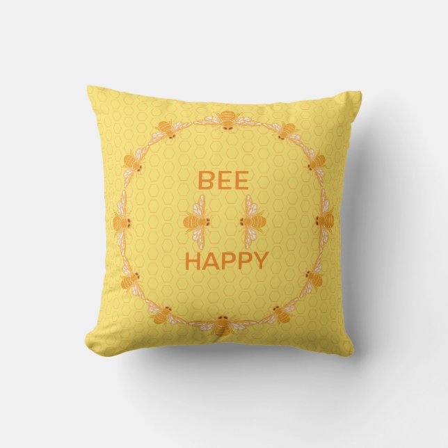 Bee Happy honey bees on yellow honeycomb  Cushion (Front)