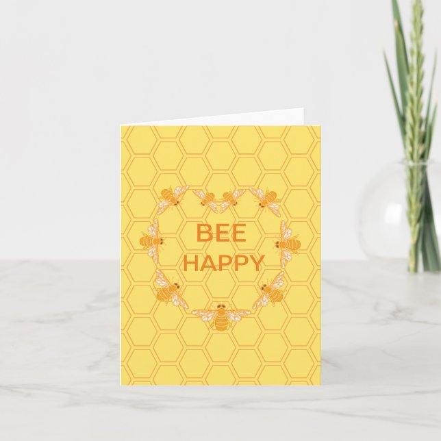 Bee Happy honey bees on yellow honeycomb Note Card (Front)
