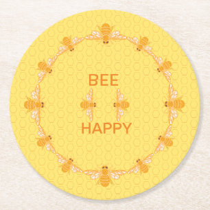 Bee Happy honey bees on yellow honeycomb    Round Paper Coaster