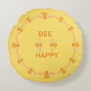 Bee Happy honey bees on yellow honeycomb  Throw Pi Round Cushion