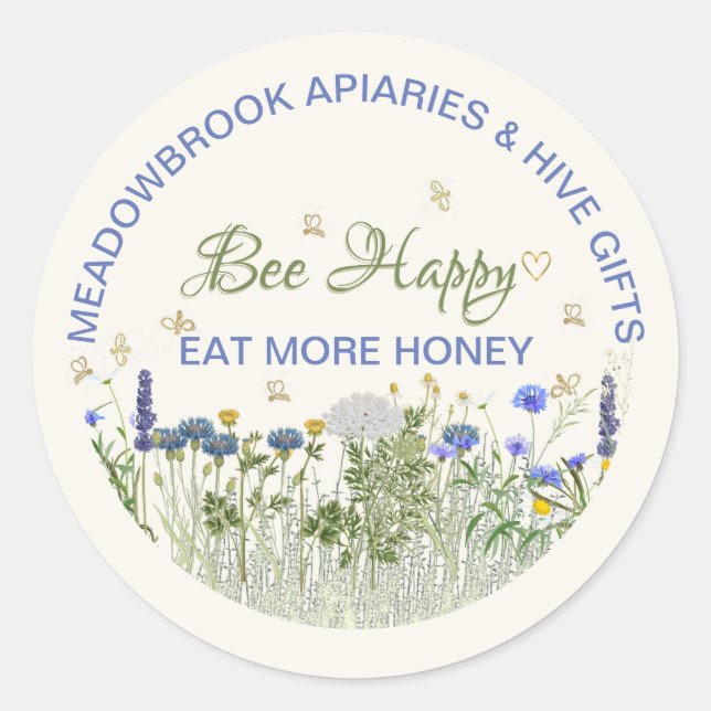 BEE HAPPY Meadow Flowers and Bees Lid Label (Front)