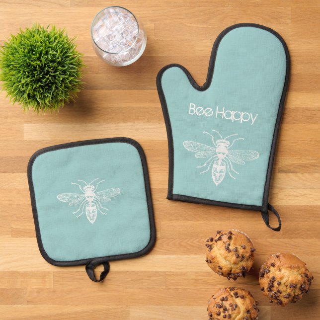 Bee Happy Oven Mitt & Pot Holder Set (Top Down)