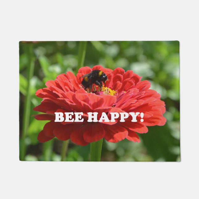 Bee Happy Red Flower Doormat (Front)