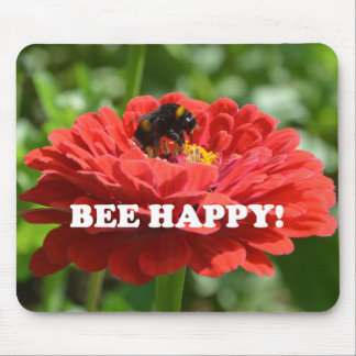 Bee Happy Red Flower Mouse Pad