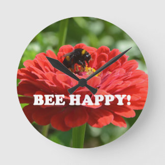 Bee Happy Red Flower Round Clock