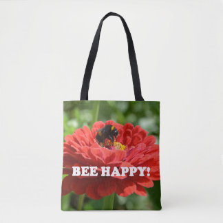Bee Happy Red Flower Tote Bag