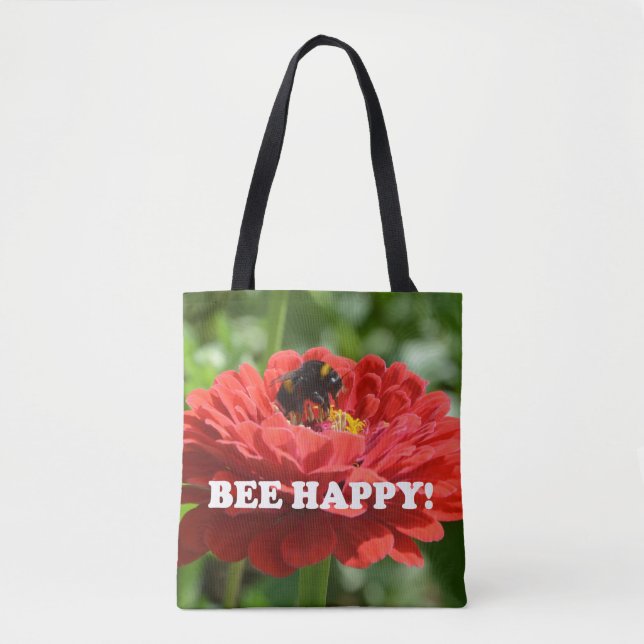 Bee Happy Red Flower Tote Bag (Front)